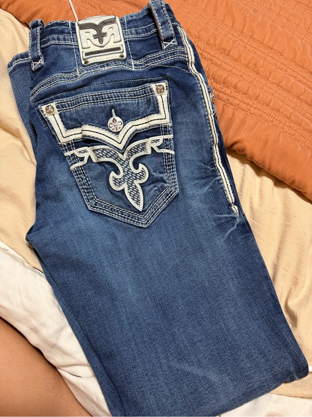 Rock Revival Blue Straight-Leg Jeans with White Embroidered Back Pocket